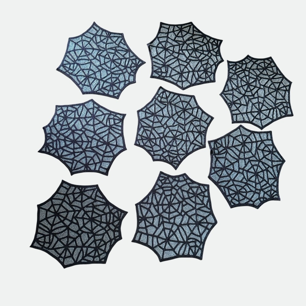 Set Of 8 Hand Beaded Black Gray Spiderweb Placemats Chargers Halloween Spooky
